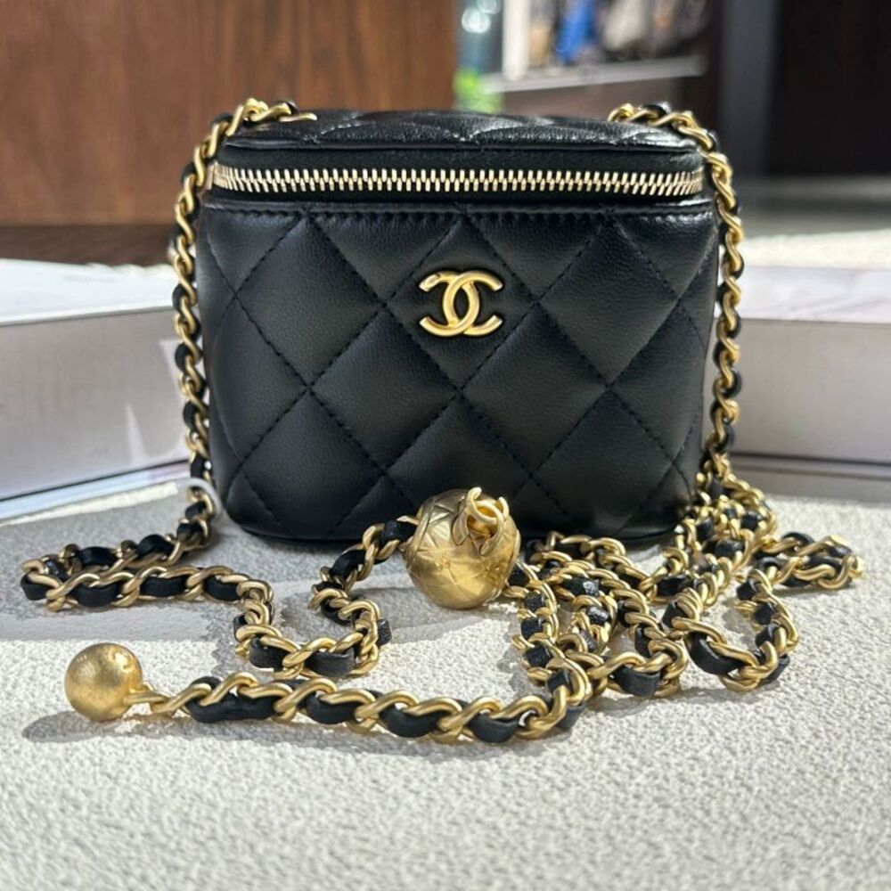 CHANEL Black Quilted Lambskin Mini Vanity Bag with Gold Hardware